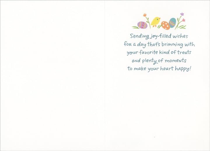 Sellers Publishing RSVP Light Brown Basket with Blue Ribbon, Chocolate Bunny, Eggs, Jelly Beans and Chicks Easter Card image 3