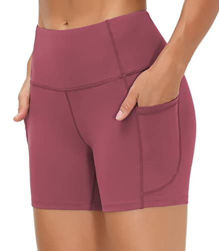 Image of THE GYM PEOPLE High Waist Yoga Shorts for Women's Tummy Control Fitness Athletic Workout Running Shorts with Deep Pockets