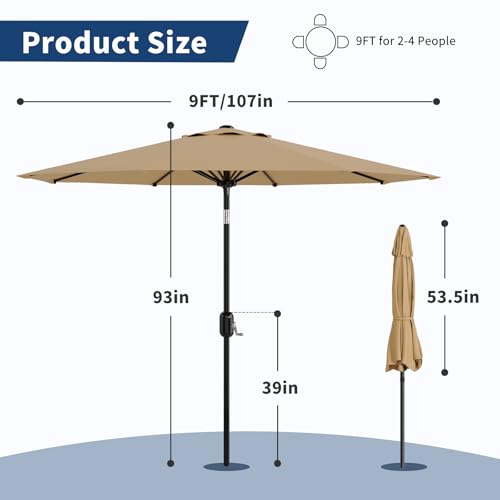 9Ft Patio Umbrella - 8 Sturdy Ribs Outdoor Table Umbrella with Crank Lift & Push Button Tilt - Market Umbrella for Pool, Deck, Yard, Garden - Tan