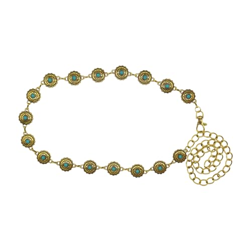 Women Rustic Gold Metal Chain Turquoise Blue Flower Charms Fashion Belt Size S M L4