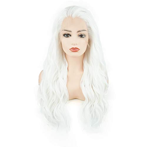 Meiyite Hair Wavy Long 24inch White Heavy Density Half Hand Tied Realistic Synthetic Lace Front Wigs