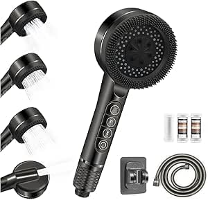 Searoads Black Filter Shower Head With 1.5M Shower Hose And Shower Stand, 4 Mode High Pressure Shower Heads With Pause Switch, Massage Water Saving Power Showerhead With On/Off Switch,