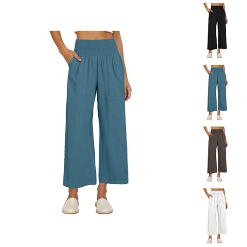 MCILLO Linen Pants Women Elastic High Waist Loose Wide Leg Lightweight Breathable Sweatpants with Pockets Womens Linen Pants