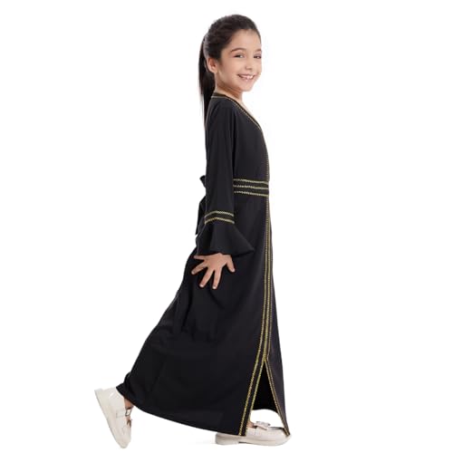 FYMNSI Kids Girls Dubai Kaftan Dresses Long Bell Sleeve Islamic Maxi Robe Dress with Belt Prayer Clothes Muslim Abaya Thobe3
