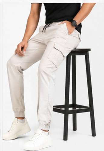 Image of Men's Jogger Cargo Pants | Stretchable Cotton Blend Utility Trousers | Regular Fit Multi Pocket Casual Bottom Wea