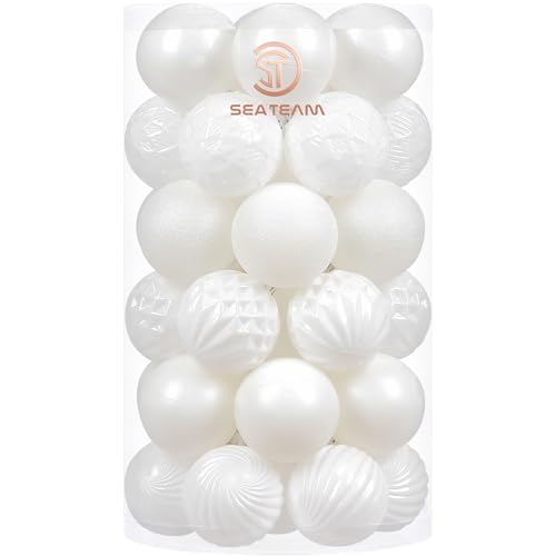 Sea Team 41-Pack Christmas Ball Ornaments with Strings, 60mm/2.36-Inch Medium Size Baubles, Shatterproof Plastic Christmas Bulbs, Hanging Decorations for Xmas Tree, Holiday, Wedding, Party, White