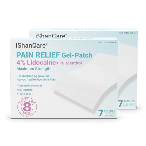 ishancare Lidocaine 4% + Menthol 1% Patches 14Count Fast Acting Maximum Strength Back Neck Shoulders Knees Elbows Pain Relief - Temporary Nerve & Joint Pain Solution