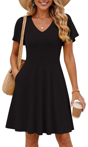 Image of COSSEN Women's Summer Casual T Shirt Dress with Pockets - Short Sleeve V Neck Flowy Loose A-Line Sundress Vacation