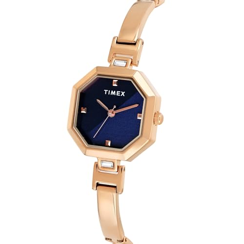 Image of TIMEX Analog Watch for Women with Blue Octagonal Dial & Rose Gold Brass Bracelet Band Water Resistant Women's Wrist Watches - TWEL195SMU03