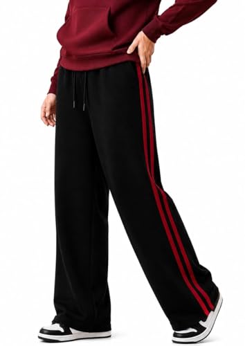 Image of Men's Baggy Track Pant, Black with Red Side Stripe, Relaxed Straight-Fit, 100% Cotton French Terry, 210 GSM