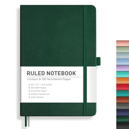 Image of RETTACY Lined Journal Notebook, 192 Numbered Pages, A5 Size (5.7'' x 8.3'') | Leather Hardcover, 100 GSM Thick Paper, for Men & Women, Journaling, Writing, Work & Office (Dark green)