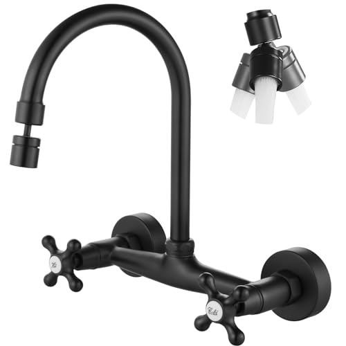 Airuida Wall Mount Kitchen Faucet with Sprayer Wall Mounted Kitchen Sink Faucet Double Cross Handles 360 Degree Swivel Spout Restaurant Mixer Tap Commercial 8 Inch Center Matte Black