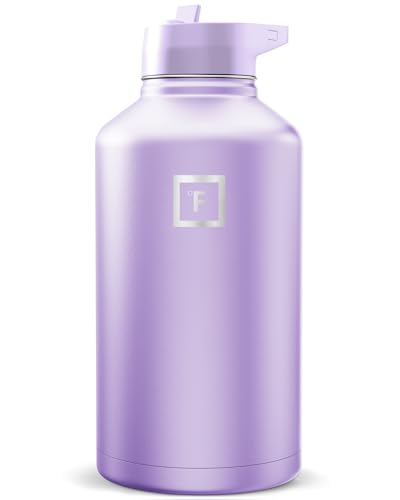 Image of IRON FLASK Camping & Hiking Hydration Flask with Straw, Wide Mouth Insulated Stainless Steel Sports Water Bottle - Lavender 64 oz - Straw (1 Lid)