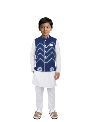 Image of Pspeaches Boys Ethnic White Cotton Full Sleeve Mandarin Collar Solid Kurta & Pyjamas 2 Piece Set