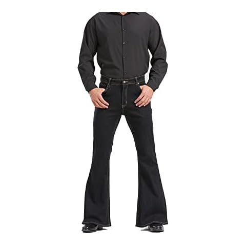 Men's Relaxed Vintage 60s 70s Bell Bottom Stretch Fit Classic Comfort Flared Flares Retro Leg Disco Denim Jeans Pants, Black, Medium Cover