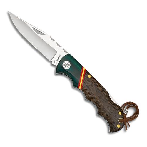 Tiendas LGP - Albainox - Navaja Bandera de España, Acero INOX. Hoja de 9 cm. Plegable Mango en Madera de Stamina mixta Verde y Roja, Incluye cordón de polipiel y detalle metálico. Campig Caza, 18840
