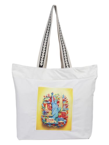 WOTM On The Move Tote | Premium Printed Cotton Canvas Tote Bag with Zipper & Inside Pocket, Stylish Everyday Travel Bag for Work, College, Office, Travel, Shopping (Newyork)