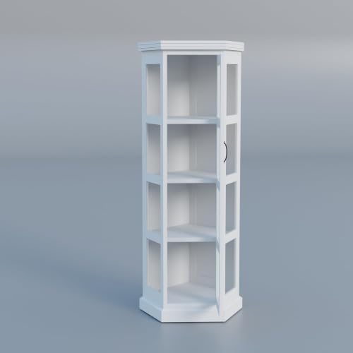 Image of Krishna Wood Decor Soild Sheesham Wood Deco White Daimond Cut Hexagonal Display Book Shelf with Acrylic Glass Door, 4 Storage Shelves Conner Bookcase, Display Cabinet Use for Library & Gust Areas