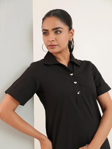 Image of Amazon Brand - INKAST Women Wide Collared Solid A -line Bottuned Mini Dress with Pockets | Summer Outfits | 100% Cotton | Casual Wear | One Piece