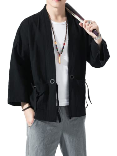 Image of Men's Japanese Kimono Cardigan Loose Cotton Linen 3 /4 Sleeve Open Front Casual Summer Shirt Jackets