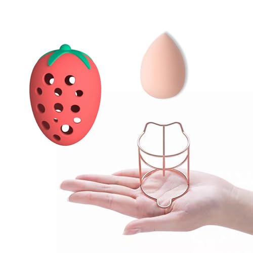 KoiKoiii メイクスポンジホルダー オシャレ化粧スポンジ収納ケース ステンレス製化粧道具 小型軽量 旅行用 通気性あり 錆びない かわいい持ち運び便利 シリコン製メイクスポンジ置き (C「ローズゴールド猫耳型+赤い苺型」)