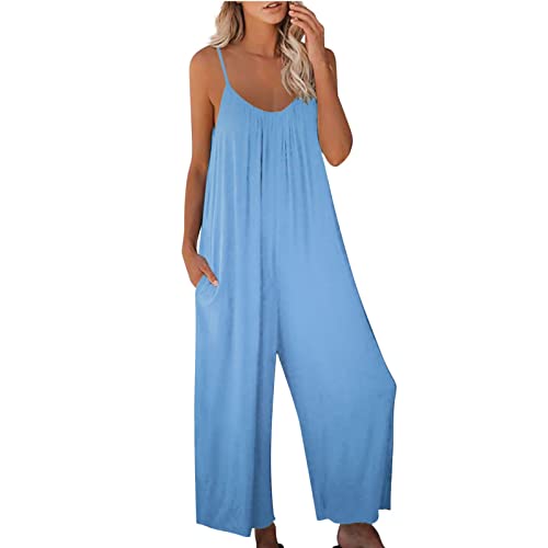 Mono largo Boho para mujer, mono largo para verano, informal, cuello de pico, elegante, suelto, sin mangas, de una sola pieza, con bolsillos, estampado de playa, pantalones de verano, X03-azul, XXL