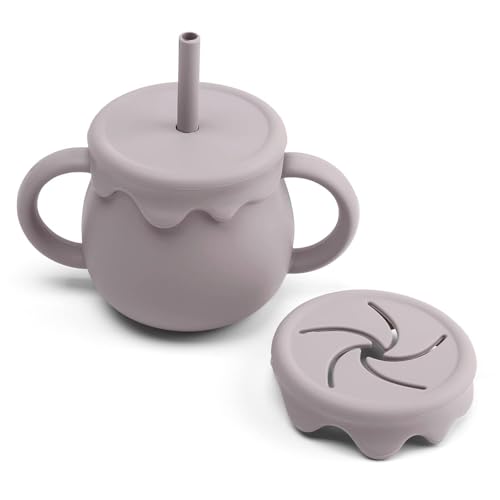 Image of Moonkie 2-in-1 Silicone Baby Cups with Straw and Lid for Snacks, 8.5 oz Spill-Proof Sippy Cups, Training Cup for Toddlers Ages (Argil)