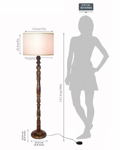 Image of Homesake Rustic Wood Floor Lamp for Living Room Walnut Brown with Shade | Light Decoration for Home Side Lamp for Living Room | Antique Floor Light, Candlestick, KD Off-White Drum