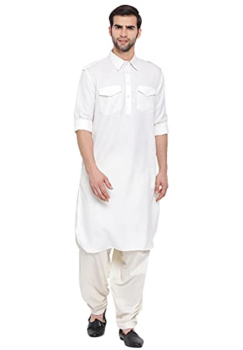 Image of VASTRAMAY Men's Cotton Blend Pathani Kurta Set || Stylish Pathani Style Kurta with Roll Up Sleeves and Relaxed Fit Patiala Salwar