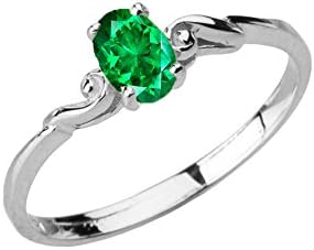14K White Gold Oval Cut Green Emerald Solitaire Swirled Wavy May Birthstone Promise or Engagement Ring - Size 7