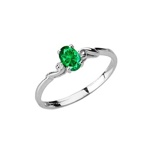 Dainty 10k White Gold Genuine Emerald Swirled Engagement/Promise Solitaire Ring (Size 6.5)