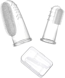 haakaa Silicone Baby Finger Toothbrush Set -360º Bristle for Baby Oral Gum Cleaning| Baby Teething Training| Newborn Oral Massager, BPA Free,2PK - 0m+Babies - Clear