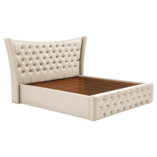 Image of Wakefit Bed | King (78 X 72) Solid Wood Bed, Upholstered, Hydraulic, 3 Year Warranty | - Lovejoy - Beige