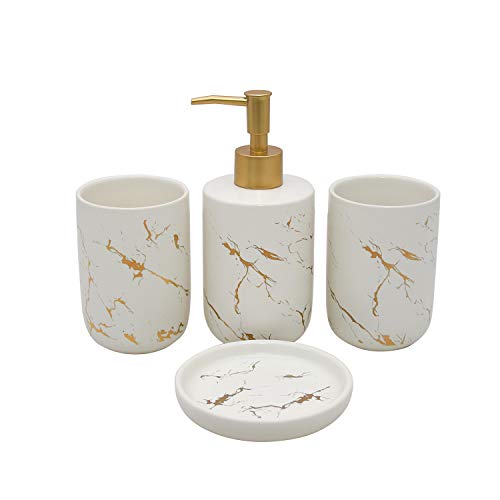 ABHOME 4 Piece Bathroom Accessory Set Ceramic White with Gold Marble Texture Modern - Soap Dish, Liquid Soap Dispenser, Toothbrush Tumbler Cup (White)