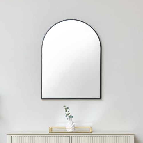 Espejo grande de pared arqueado negro, 80 cm x 60 cm, elegante decoración del hogar, diseño moderno, sala de estar, entrada, dormitorio, espejo elegante para decoración y reflexión