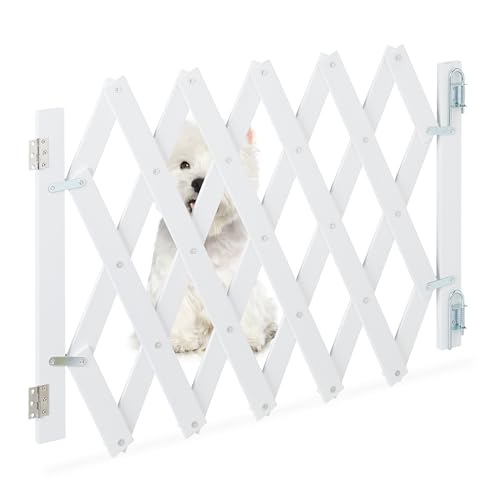 Relaxdays Hundeabsperrgitter ausziehbar bis 108,5 cm, 47,5-60 cm hoch, Bambus, Hunde Schutzgitter für Treppe & Tür, weiß