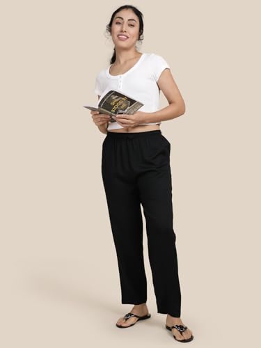 Image of KRYPTIC Women's 100% Pure Cotton Woven Pyjama | Mid Rise Relaxed Fit Full Length Nightwear Pant with Elasticated Drawstring Waistband & Side Pocket | Comfortable Lounge, Sleepwear & Casual Bottom Wear