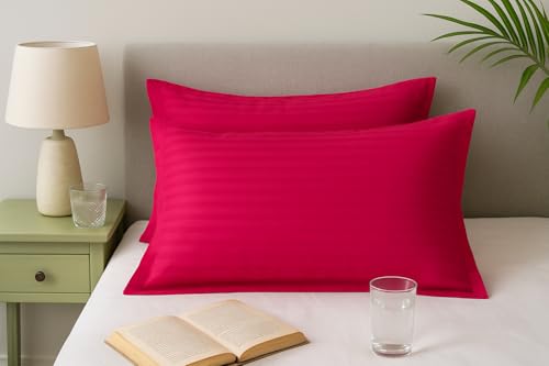 Image of 180 TC Pillow Cover Set of 2 | Pillow Cover Cotton 100% | Pillow Cover Set of 2 King Size | Wrinkle Free & Fade Resistance | Striped Pattern | Standard Size | All Season Use (Magenta)