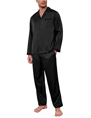 Ekouaer Men's Silk Pajama Set Long Satin Loungewear 2 Piece Pjs Classic Button Down Sleepwear S-XXL