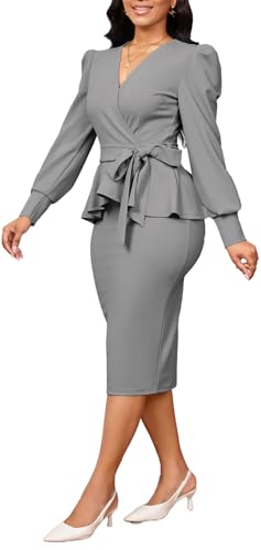 Image of Dresses for Women Elegant Long Sleeves Ruffles Pencil Knee Length Split Business Dress with Belt Zipper