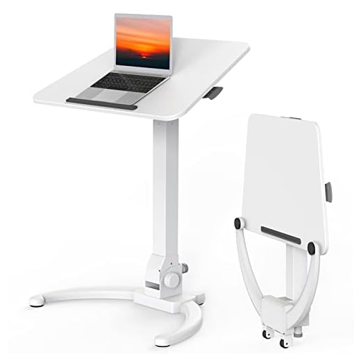 JOY worker Foldable Mobile Standing Desk, Pneumatic Height Adjustable Sit Stand Desk, 90° Tiltable Rolling Laptop Desk, Portable Desk with Wheels Non-Slip Mat for Home Office, Holds Up to 22lbs, White