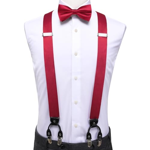 Image of Hi-Tie Men Suspender Bowtie Set Suspenders Pre-tied Bow Tie Pocket Square Cufflinks Adjustable Y Shape 6 Clips Braces Tuxedo