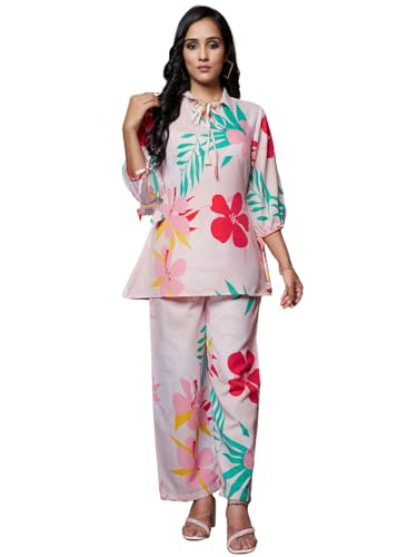 Image of DHRUVI TRENDZ Co Ord Set for Women Stylish | Ethnic Short Kurti for Women | Stylish Summer Printed Kurta Sets for Woman | A-Line Dress for Woman | 3 /4 Sleeve Top with Relaxed Fit Pant