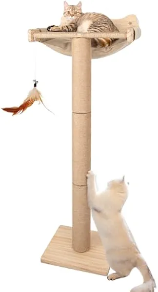 Famifit Cat Window Perch with Scratching Post, 46" Adjustable Tall Scratching Posts & Suction Cup – Multi-Level Perch for Climbing, Bird Watching, and Play, Supports 45 lbs (Drilling-Free)