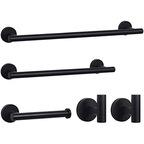 HouseAid 5-Piece Bathroom Hardware Set, Stainless Steel Towel Bar Accessories for Bathroom Include 12” Towel Bar, 24” Towel Bar, Toilet Paper Holder and 2 Towel Hooks, Wall Mounted, Matte Black Cover