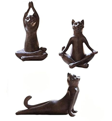 Set de 3 estatuas decorativas de gato en pose de yoga de resina vintage