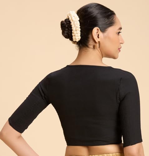 Image of Studio Shringaar Women's Thick Handloom Cotton Plain Side Stretch (Smocked) Readymade Saree Blouse