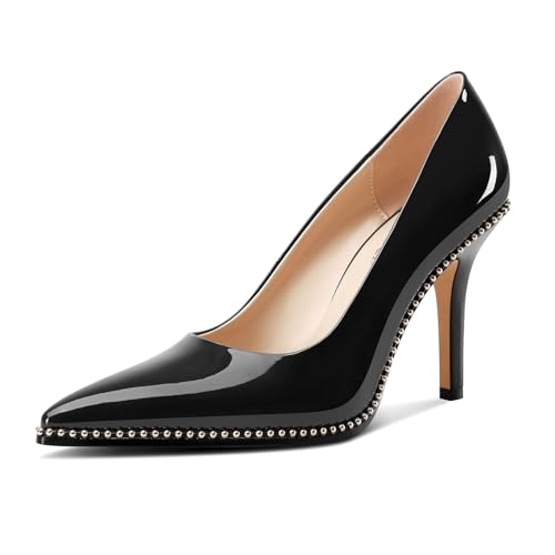 Image of TNYNFBEB Womens Stiletto Mid Heel Pointed Toe Pumps Slip-on Sliver Beaded Prom Wedding Dress Basic Classic Patent Leather 3.5 Inches Heels