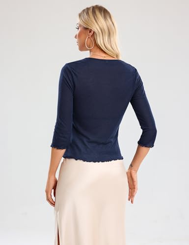 Image of Aiboria Womens 3 /4 Sleeve Shrug Lightweight Bolero Tie Front Cropped Cardigan Navy Blue