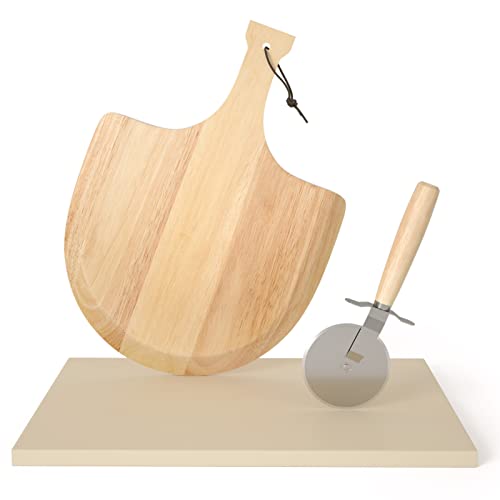 SHINESTAR 3 Piece 12 x 15 Inch Pizza Stone Set with Wooden Pizza Peel & Pizza Cutter, Pizza Baking Oven Accessories Set with Rectangular Pizza Stones for Grill and Oven